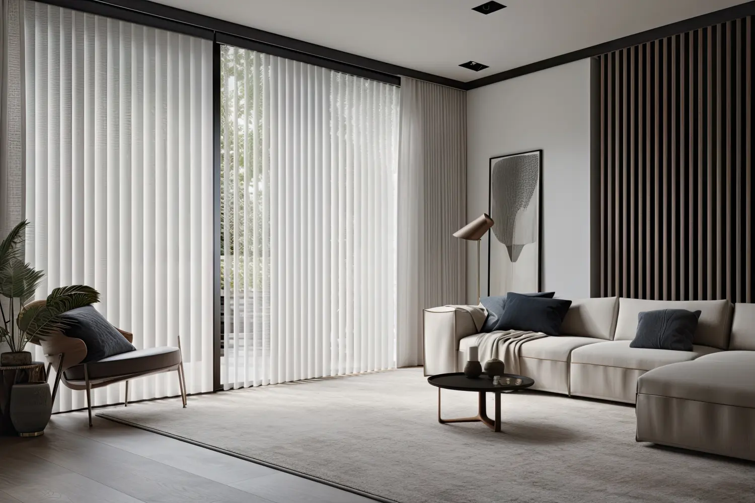 Rollladenbau Siegel, großes Fenster mit automatisierten Jalousien und Vorhängen, die für Privatsphäre im Raum sorgen,
